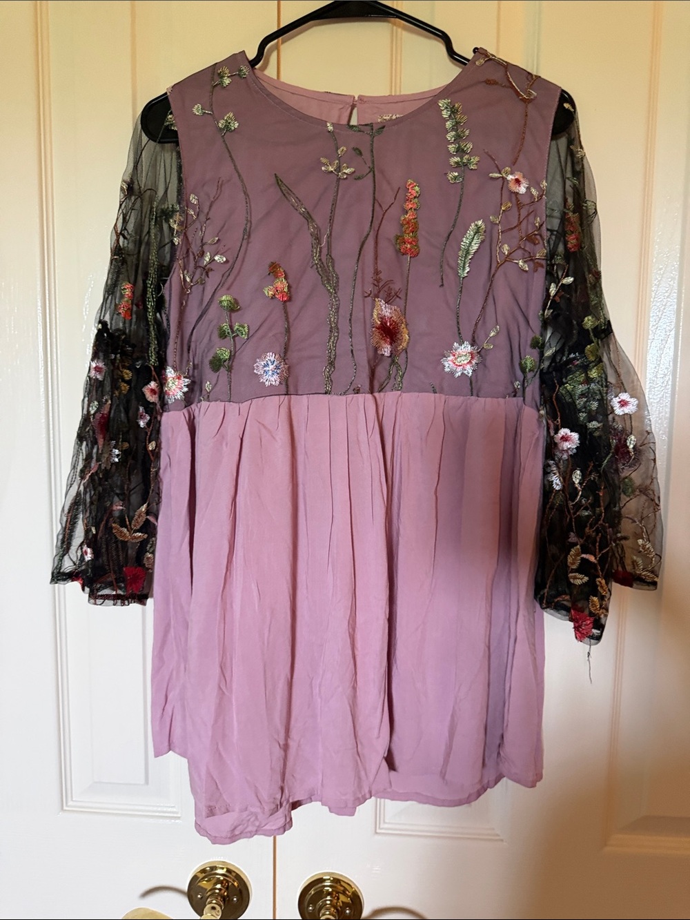Mauve Floral Embroidered Girls' Formal Dress with Sheer Black Sleeves